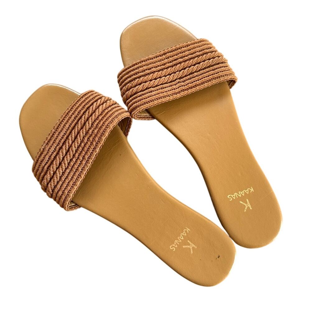 Kaanas Sandals Brown Leather Weave Open Toe Slides Size 9 Revolve